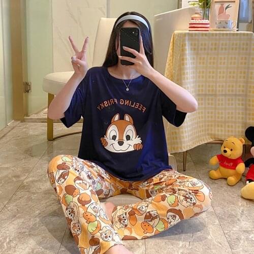 Cartoon Mickey Minnie bear duck print pattern summer ladies short-sleeved trousers pajamas suit loose trendy home service