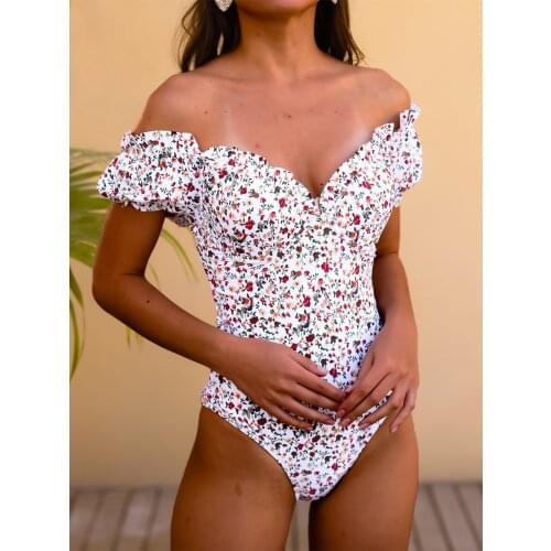 Sexy Womens Puff Sleeve Push Up Swimsuit White Floral Liberty Ruched One Piece Women Swim Bathing Suit 2021 Swimwear Monokini