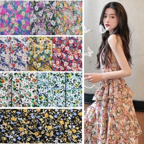 Wide 59'' Oil Painting Style Floral Cambric Korean Silk Linen Printed Chiffon Fabric Womens Skirt Shirt Dress Clothing Material