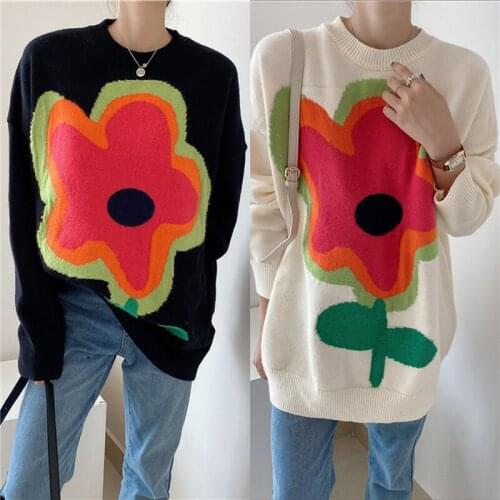 Women Color Block Sweater Adults Loose Flower Pattern Round Neck Long Sleeve Pullover White/Black For Autumn and Winter