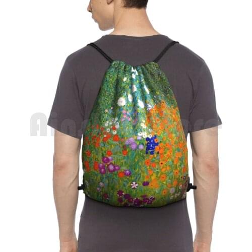 Flower Garden By Gustav Klimt Vintage Floral Backpack Drawstring Bags Gym Bag Waterproof Gustav Klimt Floral Vintage