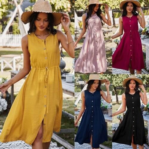 Vintage Solid Sexy Sleeveless Summer Dress Women Button Casual Slim High Waist Women Beach Dresses 2021 Female Vestidos Mujer
