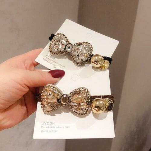 Women Fashion Rhinestone Bow Hair Ties Lady High Elastic Hair Rope