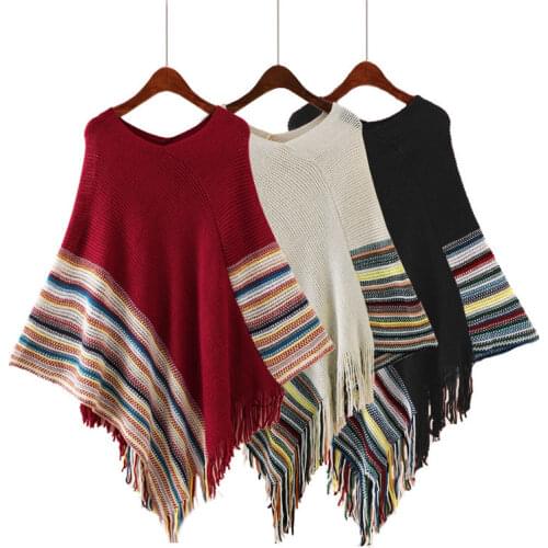 Spring and autumn womens fashion new style tassel cloak shawl sweater jacket ladies pullover loose knitted bat shirt