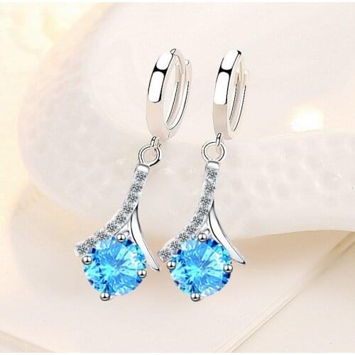 KOFSAC New Trendy 925 Sterling Silver Earrings For Women Wedding Elegant Blue Zircon Geometry Earring Jewelry Female Daily Wear