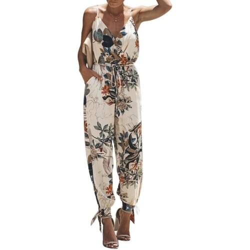 40%HOT Sexy Women Leaf Print Deep V Spaghetti Strap Jumpsuit Backless Bandage Bodysuit