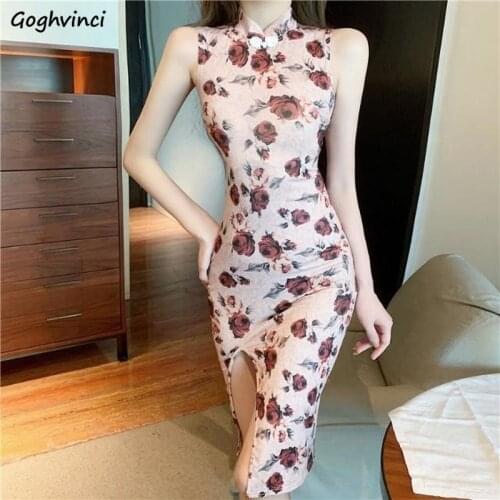 Dress Women Skinny Summer Sexy Floral Knee-length Sleeveless Chinese Style Vintage Pink Feminine Dating Party Street Female Cozy