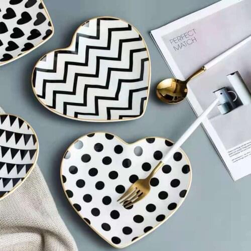 Gold Nordic Ceramic Plate, Heart Shaped Breakfast Plate, Black & White, Fruit Dessert Plate, Tableware, Dried Fruit Plate