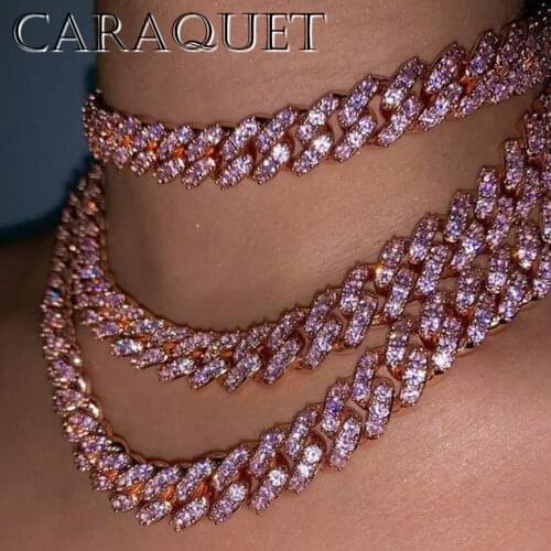Caraquet Bling Pink Crystal Cuba Link Choker Necklace For Women Gold Silver Color Fashion Punk Hip Hop Chunky Rapper Jewelry
