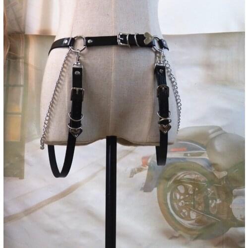Black Leather Chain Belt Goth Punk body chain skirt waist strap adjustable festival lady female body harness raver dance jewelry