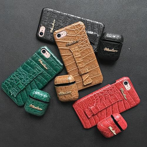 Crocodile Skin Leather Wrist Strap Phone Case For iPhone X 7 8 6 6S Plus XS Max XR Cover PU Leather Earphone Case For Airpods