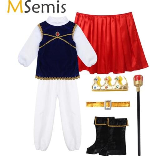 Kids Medieval Prince Costume Tops with Pants Belt Cloak Scepter Shoe Covers Set Boys Halloween Carnival Cosplay Party Dress Up