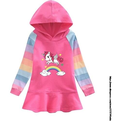 Unicorn Cartoon Print Girl Kid Cotton Hoodie Dress with Pleated Hemline Long SleeveBaby Child Sweatshirt Coat Clothes