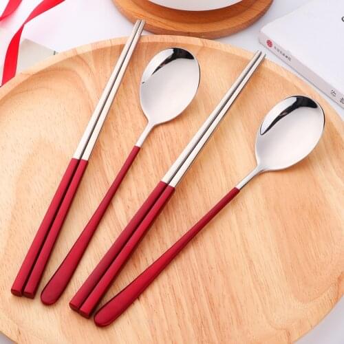 Korean Chopsticks Spoon Set 18/10 Stainless Steel Reusable Non-slip Chopsticks Dessert Spoons Tableware Set Kitchen Dinnerware