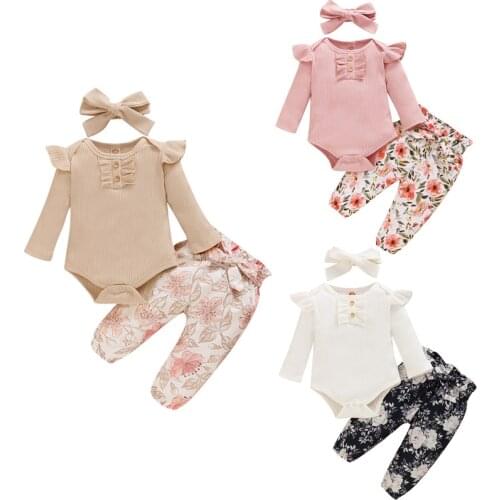 Newborn Girls Ribbded Suit Solid Lace Long Sleeve Top Flower Printing Long Pants and Hairband 3-piece Suits