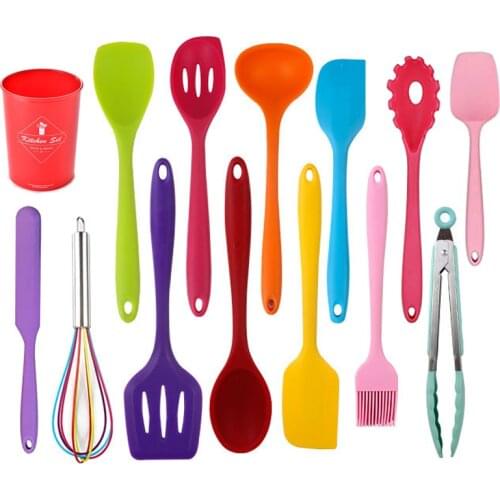 Premium Solid Silicone Coating Kitchen Utensil Set, 10 Piece Colorful Silicone Kitchen Cooking Utensil Set