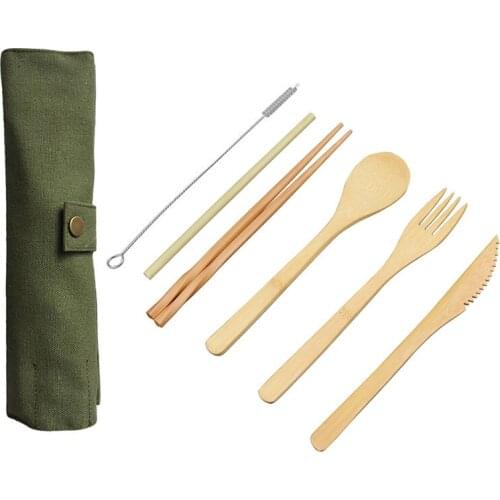 6-Piece Portable Wooden Dinnerware Cutlery Set Bamboo Straw Fork Knife With Cloth Bag Useful Travel Picnic Outdoor