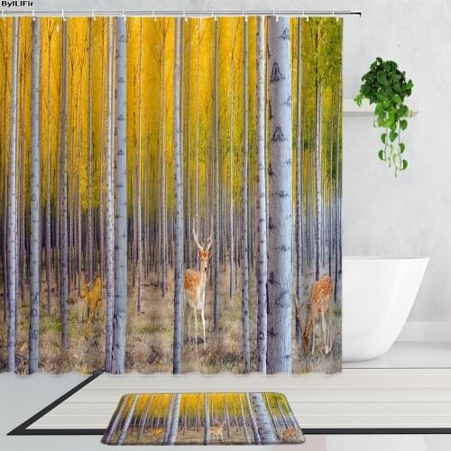 3D Birch Tree Shower Curtains Set Forest Branches Elk Landscape Home Decor Curtains In The Bathroom Non-Slip Carpet Bath Mat Rug
