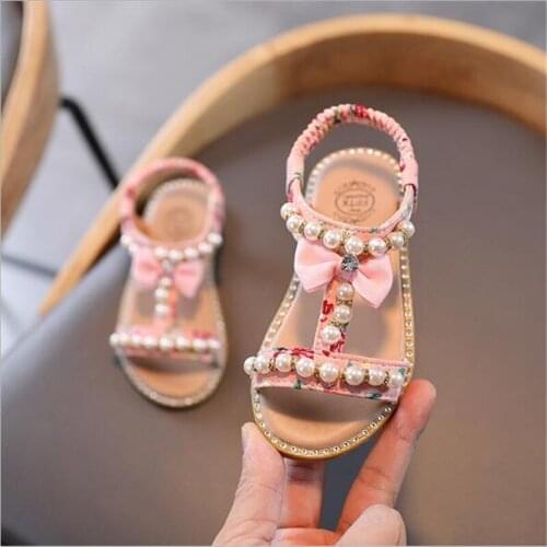 2021 new Fashion Girls' flip flops Girls Open Toe Pearl Princess Shoes child Soft-soled non-slip sandals Roman sandals size21-30
