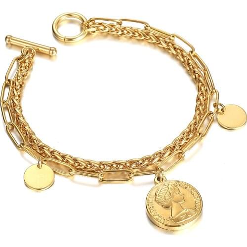 New Stainless Steel Elizabeth Coin Charms Bracelet Double Layered Wheat Paperclip Chain for Women Girls Name Engraving tag DB300