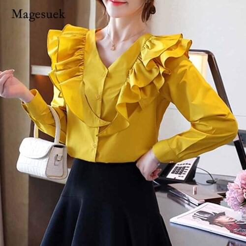 Solid Color French Elegant Tops Fashion Women Buckle All-match Chiffon Blouse Autumn New Long Sleeve V-neck Ruffle Blouse 11129