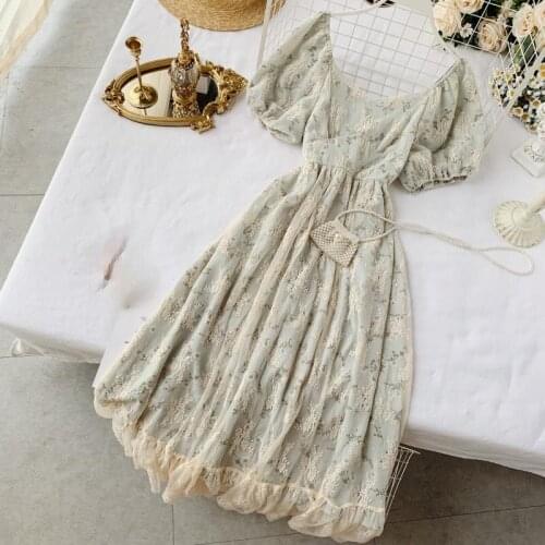 Dress Women Korean Kawaii Elegant Lace Knee-Length Puff Sleeve Lady Dresses O-Neck Summer New Print Pullover Vestidos Femme