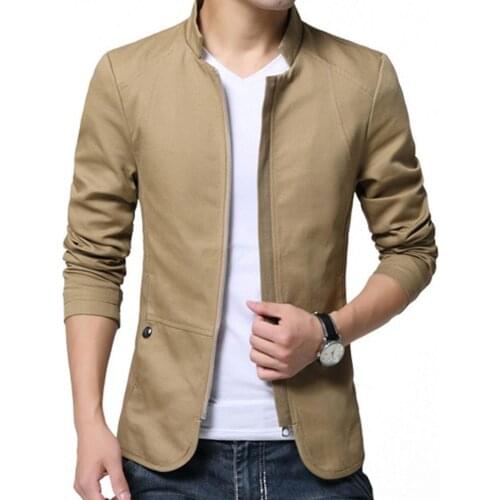 Casual Men Autumn Solid Color Stand Collar Zipper Pockets Thin Slim Blazer Coat