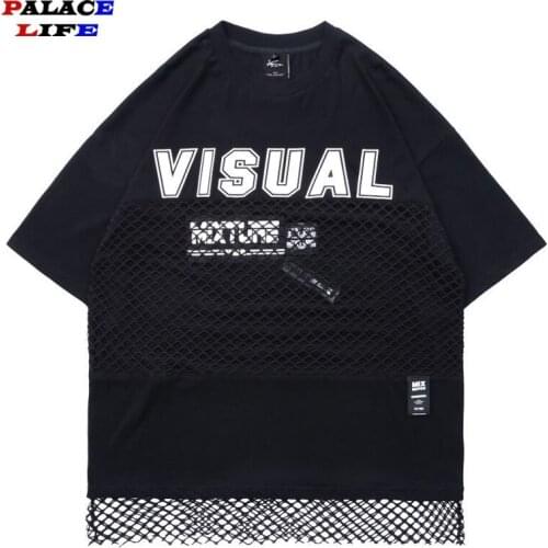 Letter Print Mesh Patchwork T shirts Men Harajuku Casual Streetwear Tops Tees Hip Hop Couples Summer Short Sleeve T Shirts