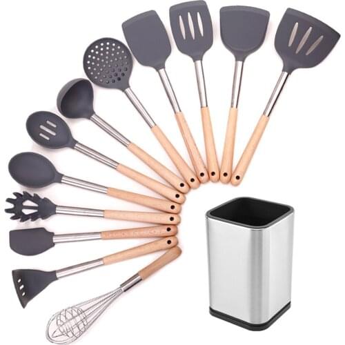 Silicone kitchen tools Heat-resistant kitchen non-stick cookware baking tools stainless steel wooden handle kitchen utensils