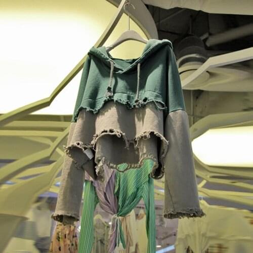 Streetwear Hooded Patchwork Women Sweatshirts Autumn Vintage 2021 Flare Sleeved Loose Short Empired Tassel Female Pulls Outwear