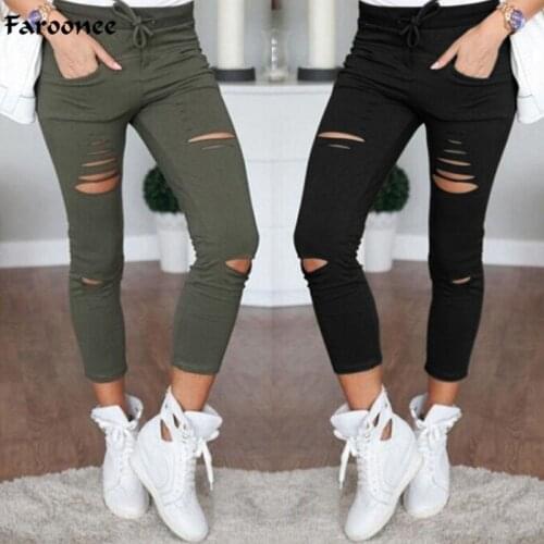Skinny Pants Women Sexy Hole Knee Pencil Pant Lady High Waist Legging Slim Trousers Stretch Ripped Jeans Plus Size 4XL