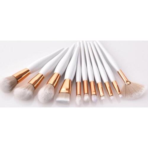 Top quality white color 11pcs makeup brushes set wooden handle with aluminum tube and nylon wool