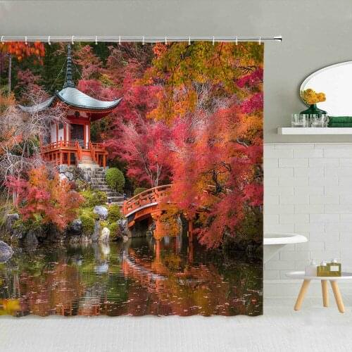 Chinese Style Garden Scenery Shower Curtain Classical Wooden Pavilion Bridge Green Plant Lake Landscape Bathroom Decor Curtains