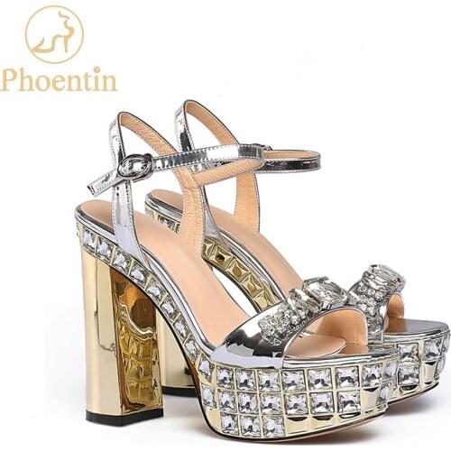 Phoentin silver gold high platform sandals ladies crystal party super high heels 11cm buckle strap summer shoes peep toe FT768