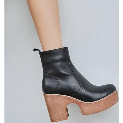 MEZEREON High Heel 9 CM Ankle Boots Thick Bottom Cow Leather Platform Shoes Round Toe Zipper Women Boots For Fashion Show
