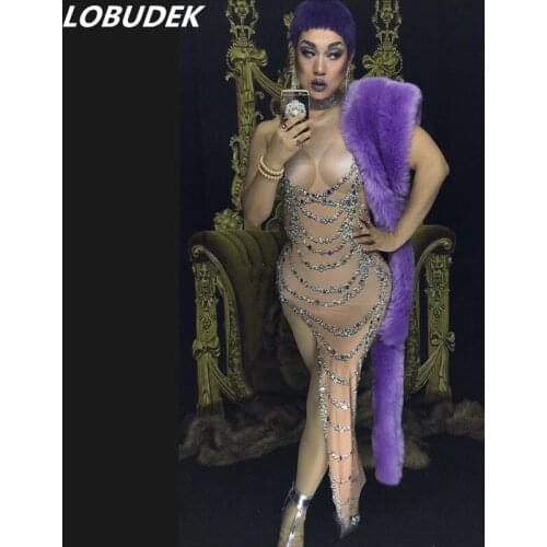 European style stone Crystals leotard female Dress Sexy DS costumes nightclub Party DJ show Celebration one piece dress