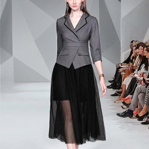 Runway Fashion Notched Splicing Mesh Dresses For Women Autumn Vintage Designer 3/4 Sleeve Simple Business Office Dress