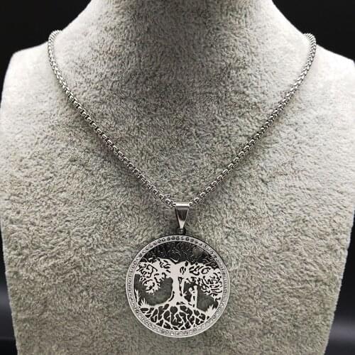 2021 Tree of Life Stainless Steel Pendant Necklace Women Silver Color Couple Crystal Necklaces Jewelry bisuteria N22S04