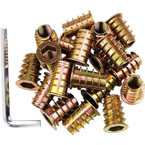 100Pcs 1/4inch-20 x 15mm Furniture Screw in Nut Threaded Wood Inserts Bolt Fastener Connector Hex Socket Drive