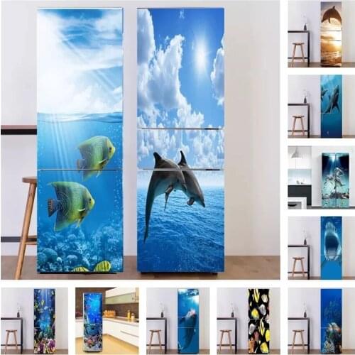 3d Door Sticker Prints Shark Dolphin Pictures Self Adhesive Waterproof Wallpaper Home Fridge Decor Wall Art Living Room Paste