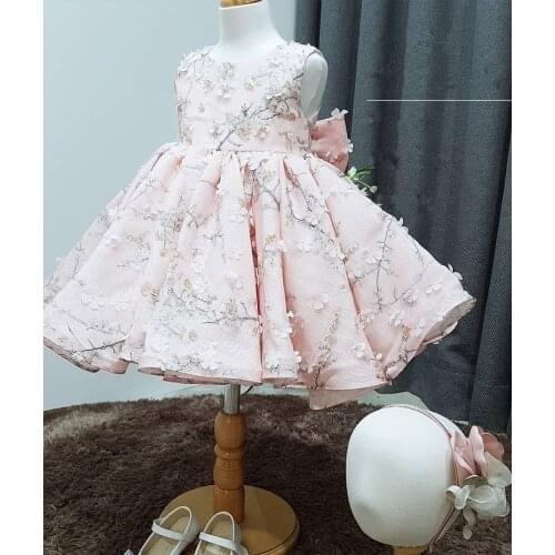 Pink Baby Girl Baptism Dress Appliques Baby Girl 1 Year Birthday Wear Toddler Girl Lace Christening Ball Gown Infant Clothing