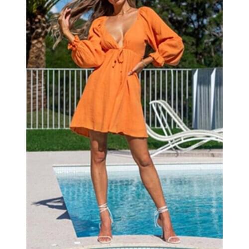Summer V-Neck Ruched Womens Dress Sexy Fashion Long Puff Sleeve Female Dresses Korean Style Shirring Bandage Ladies Skirts