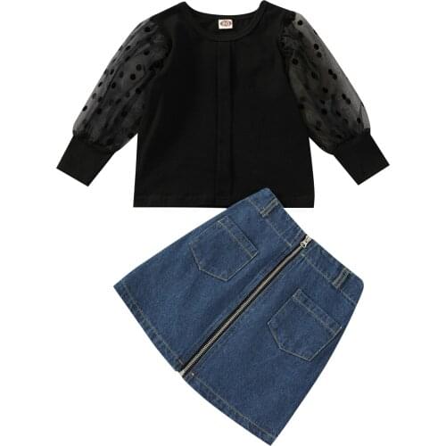 2PCS Toddler Girls Summer Clothes, Long Sleeve Crew Neck Tops + Zip Up Denim Skirt Set 18M-6T