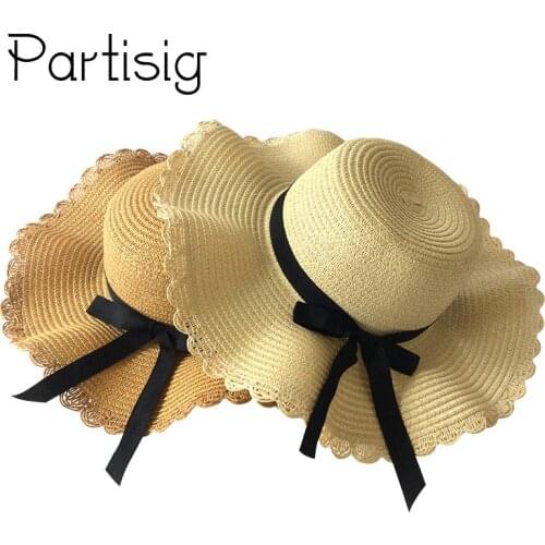 Girls Summer Hat Black Ribbon Wave Straw Hat For Children And Women Panama Sun Caps Mother And Baby Hats Caps