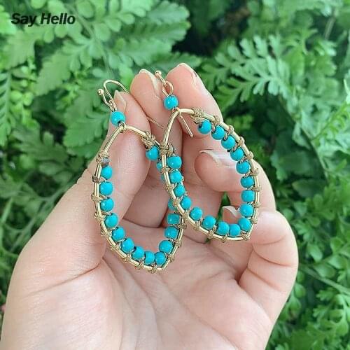 SAY HELLO Small Turquoises Beaded Tassel Dangle Earrings for Women Charming Bohomain Party Geometric Handmade Jewelry Brinco