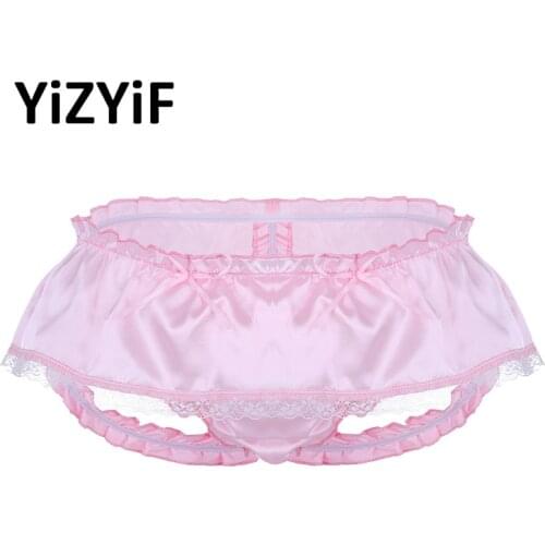 Men Lingerie Shiny Satin Panties Ruffled 3 Bum Straps Skirted Jockstraps Pouch Panties Sissy Open Butt Lace Briefs Underwear