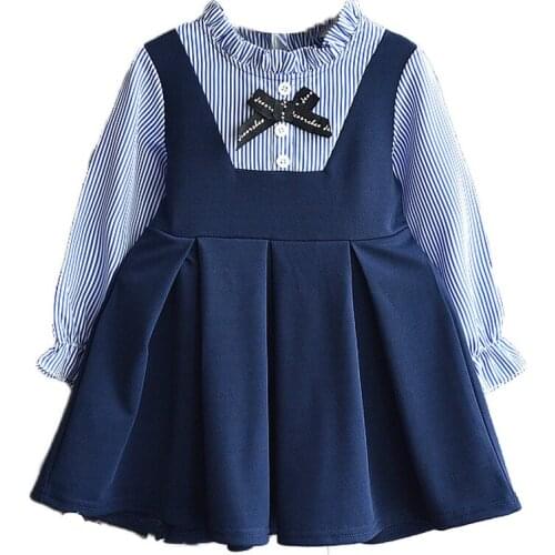 Girl Dresses 2021 New Sprin Girls Striped Sleeve Bow Dress Print Soft Kids Autumn Casual Party Princess Flowers Dress Outfits