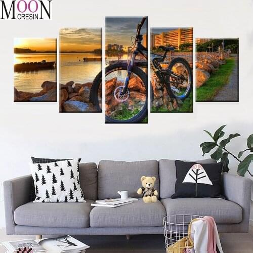 Full square diamond painting bicycle sunset city landscape pictures for embroidery round diamond mosaic 5 pcs home decoration