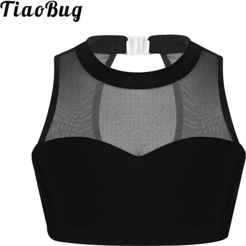 TiaoBug Kids Teens Mesh Splice Sweetheart Chest Sports Dance Bra Tops Child Girls Gymnastics Ballet Crop Top Stage Dance Costume