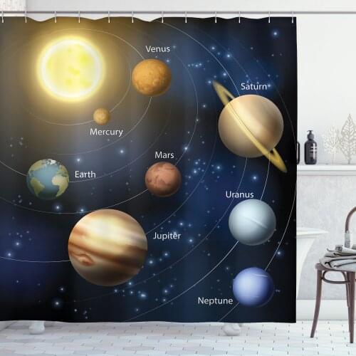 Solar System Shower Curtain Set Sun and Planets Space Science Curtain for Bathroom Decor 12 Hooks Decorative Bath Accessory